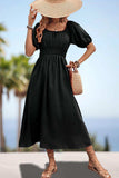 Square Neck Smocked Waist Puff Sleeve Midi Dress - Trendsi - Flyclothing LLC