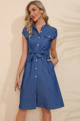 Button Down Belted Denim Dress - Trendsi - Flyclothing LLC