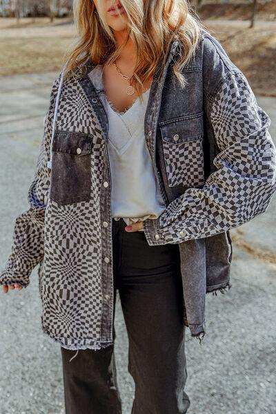 Plaid Snap Down Raw Hem Drawstring Hooded Jacket - Trendsi - Flyclothing LLC