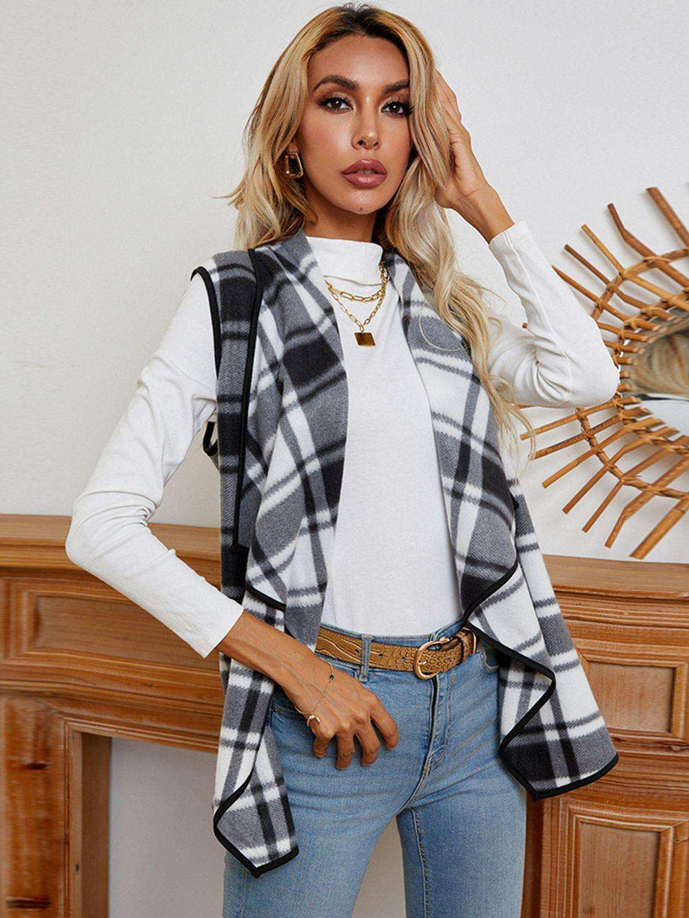 Plaid Open Front Vest - Trendsi - Flyclothing LLC