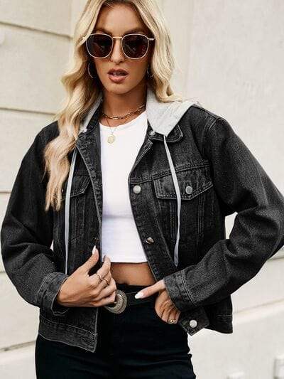 Drawstring Hooded Button Up Denim Jacket - Trendsi - Flyclothing LLC