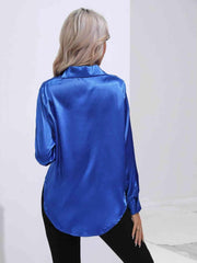 Collared Neck Buttoned Long Sleeve Shirt - Trendsi