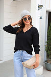 Ribbed V-Neck Dropped Shoulder Knit Top - Trendsi - Flyclothing LLC