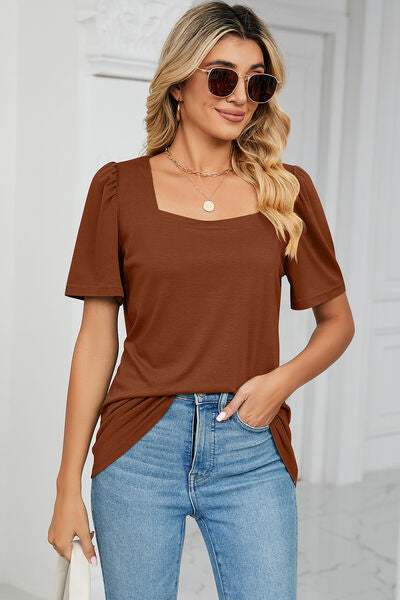 Square Neck Short Sleeve T-Shirt - Trendsi - Flyclothing LLC