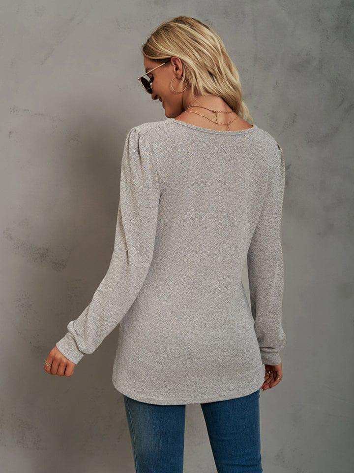 Heathered Square Neck Long Sleeve T-Shirt - Trendsi - Flyclothing LLC