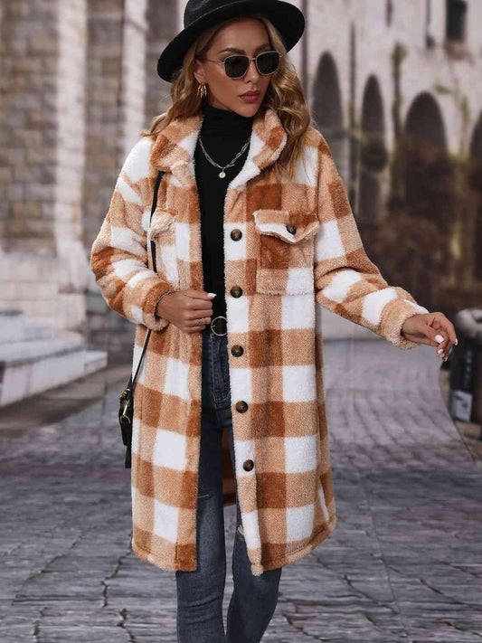 Plaid Collared Neck Button Down Coat - Trendsi