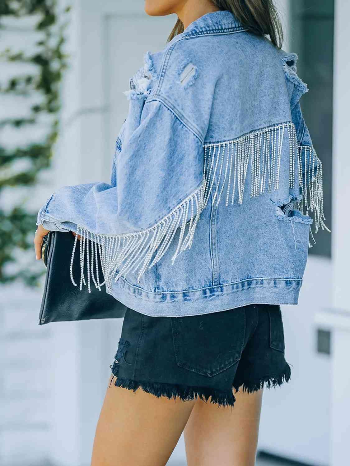 Distressed Fringe Denim Jacket - Trendsi