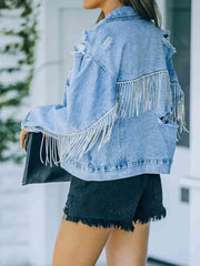 Distressed Fringe Denim Jacket - Trendsi