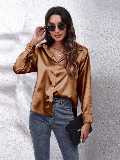 Button Up Collared Neck Long Sleeve Shirt - Trendsi