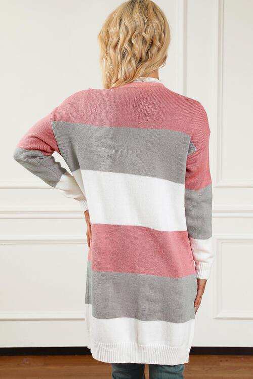 Striped Open Front Long Sleeve Cardigan - Trendsi - Flyclothing LLC