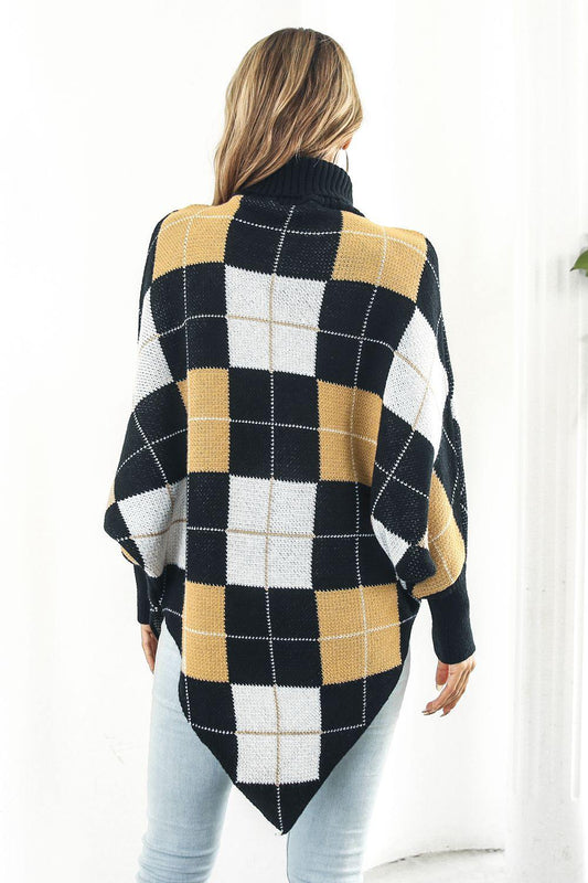 Plaid Turtleneck Dolman Sleeve Poncho - Trendsi
