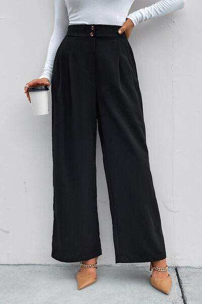 High Waist Ruched Pocketed Wide Leg Pants - Trendsi - Flyclothing LLC