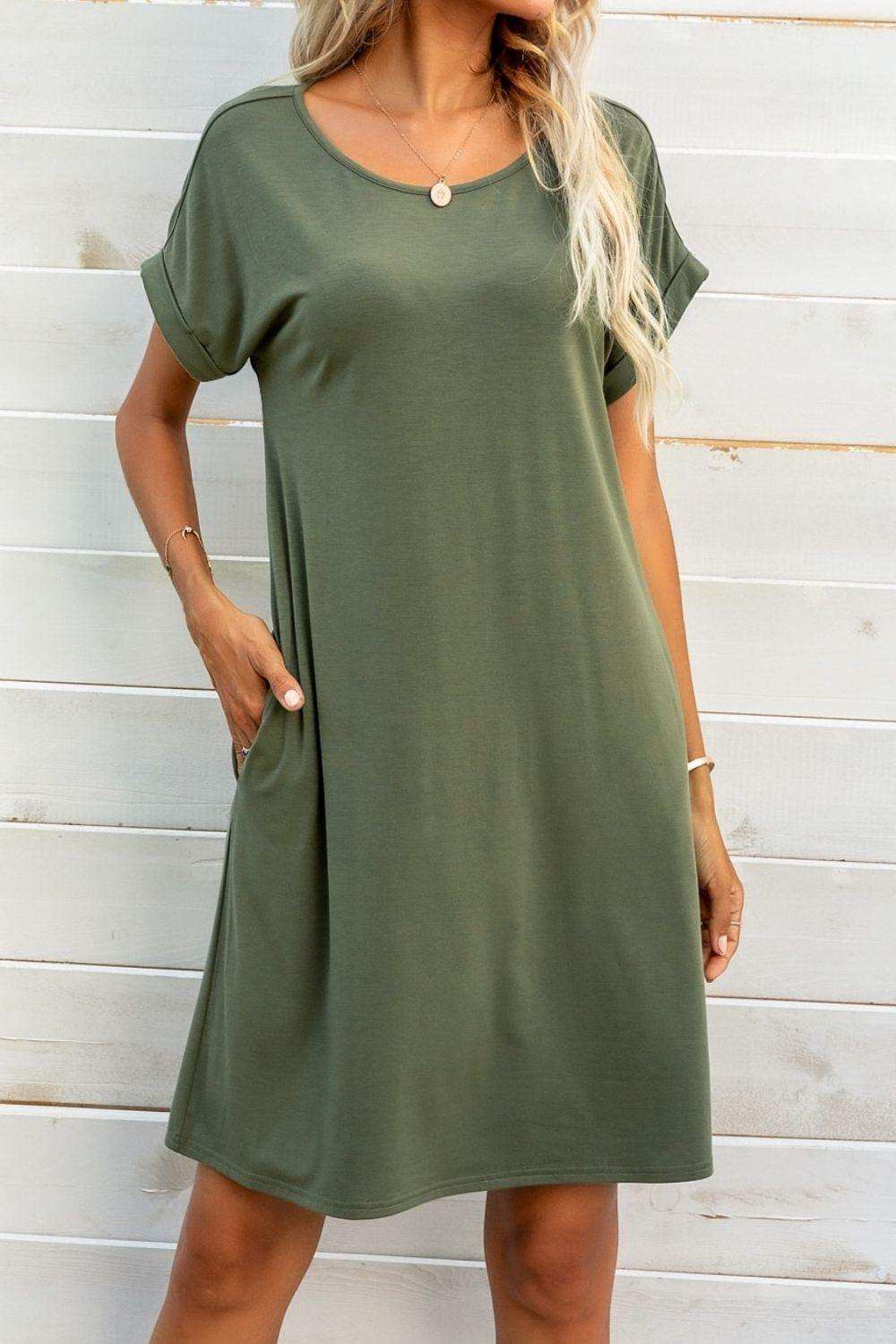 Scoop Neck Short Sleeve Pocket Dress - Trendsi - Flyclothing LLC