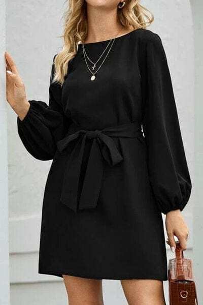 Tied Boat Neck Balloon Sleeve Mini Dress - Trendsi - Flyclothing LLC