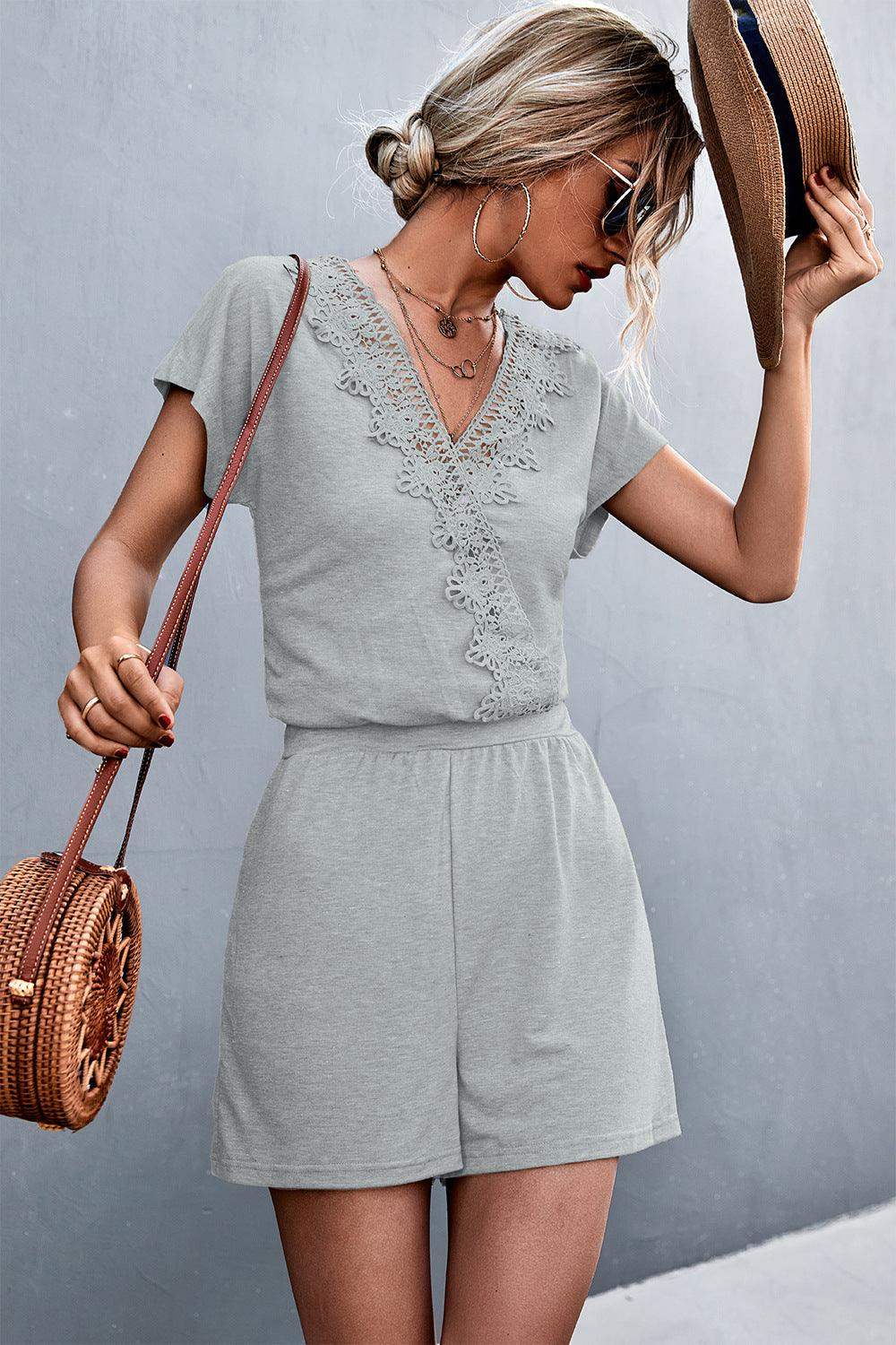 Lace Trim V-Neck Romper - Trendsi - Flyclothing LLC