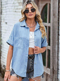 Collared Neck Denim Jacket with Pockets - Trendsi - Flyclothing LLC