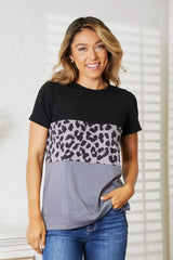 Double Take Leopard Print Color Block Short Sleeve T-Shirt - Trendsi - Flyclothing LLC