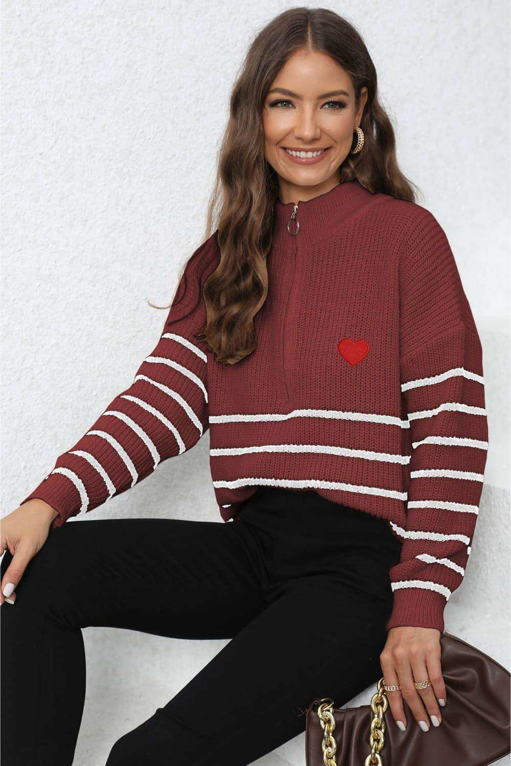 Striped Zip-Up Long Sleeve Ribbed Sweater - Trendsi - Flyclothing LLC