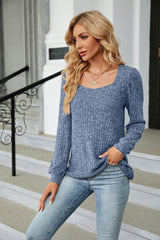 Ribbed Square Neck Long Sleeve T-Shirt - Trendsi