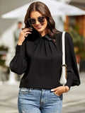 Ruched Keyhole Lantern Sleeve Shirt - Trendsi