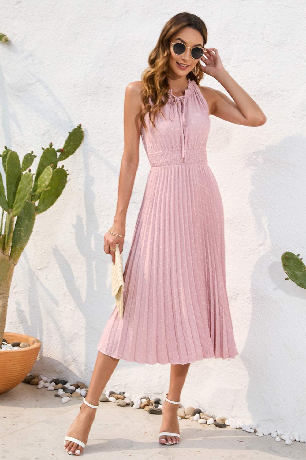 Swiss Dot Tie Neck Sleeveless Dress - Trendsi - Flyclothing LLC