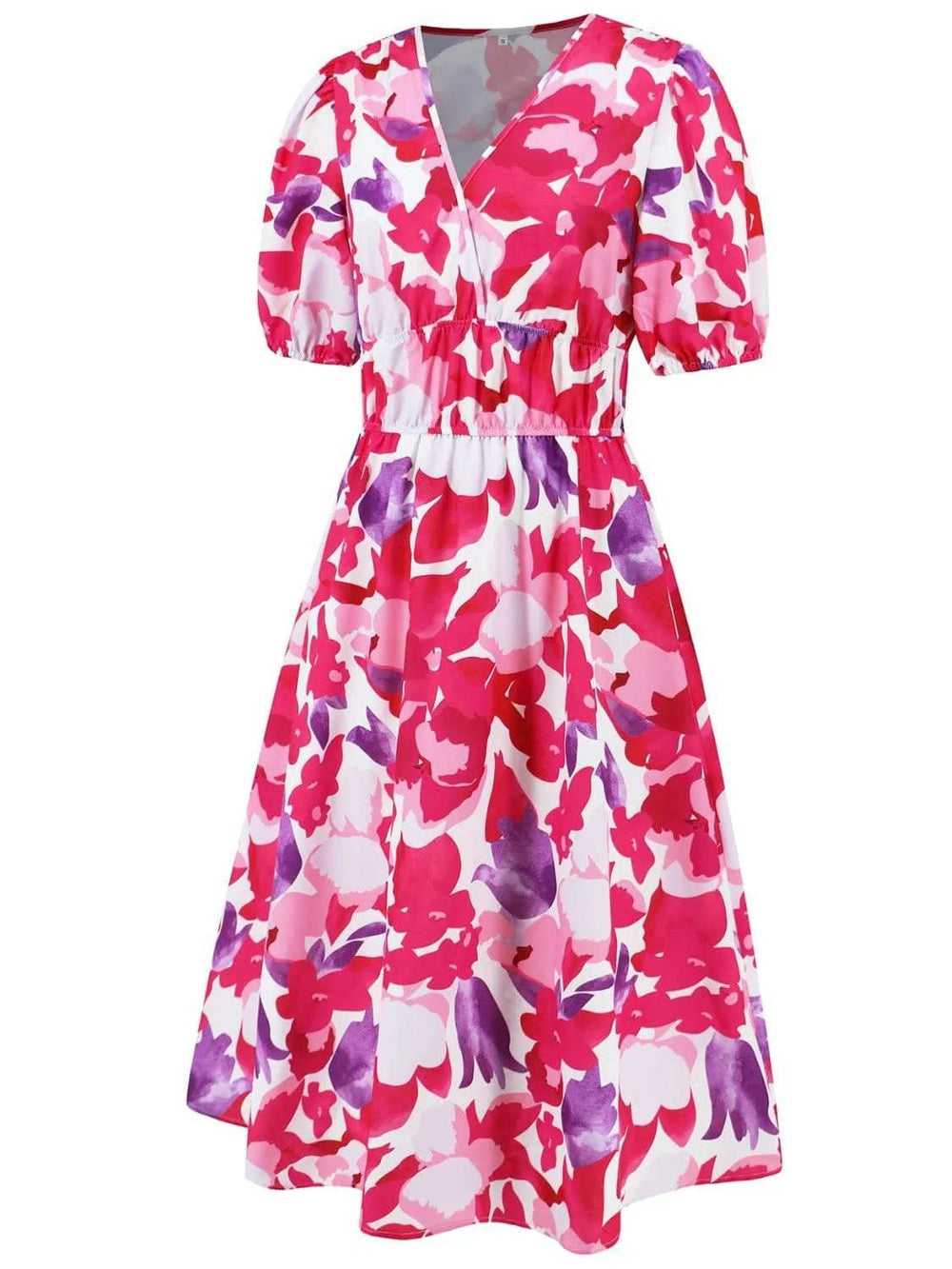 Ruched Printed Surplice Short Sleeve Dress - Trendsi - Flyclothing LLC