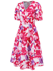Ruched Printed Surplice Short Sleeve Dress - Trendsi