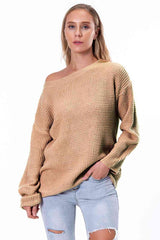 Boat Neck Drop Shoulder Long Sleeve Sweater - Trendsi