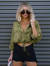 Drawstring Pocketed Button Up Denim Top - Trendsi - Flyclothing LLC