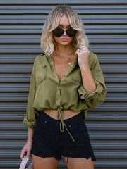 Drawstring Pocketed Button Up Denim Top - Trendsi