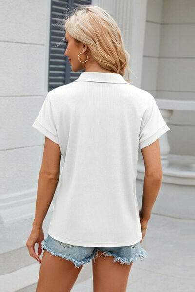 Johnny Collar Short Sleeve Blouse - Trendsi - Flyclothing LLC