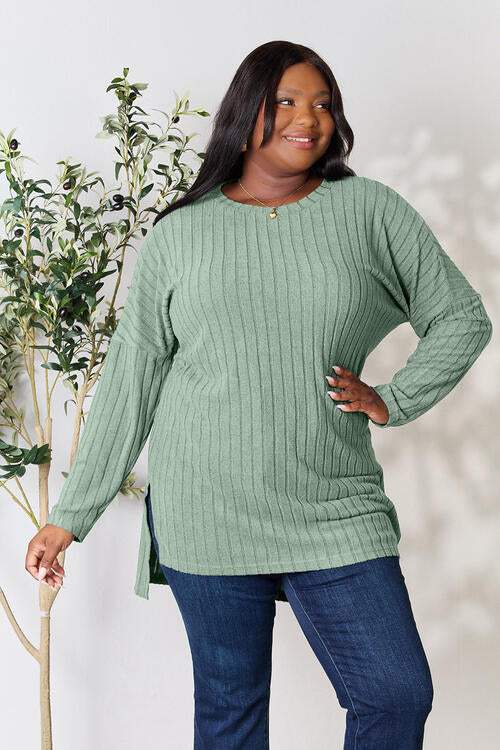 Basic Bae Full Size Ribbed Round Neck Long Sleeve Slit Top - Trendsi - Flyclothing LLC