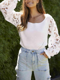 Ribbed Lace Trim Flounce Sleeve Knit Top - Trendsi
