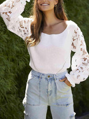 Ribbed Lace Trim Flounce Sleeve Knit Top - Trendsi