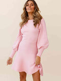 Round Neck Lantern Sleeve Sweater Dress - Trendsi