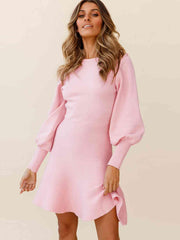 Round Neck Lantern Sleeve Sweater Dress - Trendsi