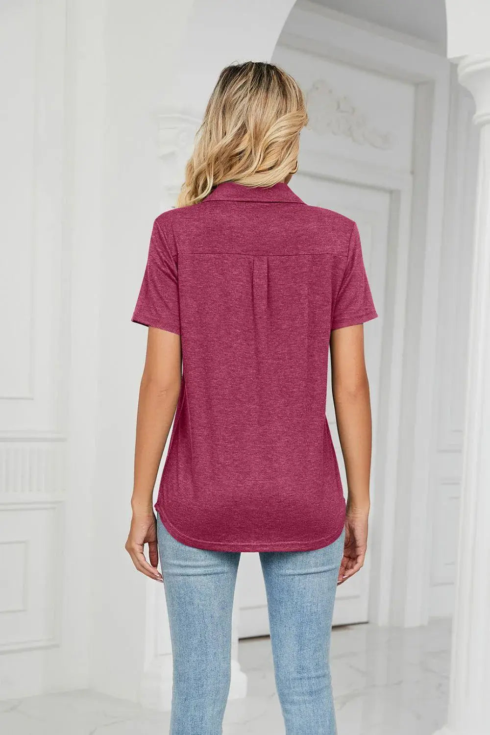 Curved Hem Johnny Collar Polo Shirt - Trendsi - Flyclothing LLC