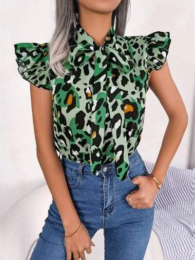 Leopard Tie Neck Cap Sleeve Blouse - Trendsi - Flyclothing LLC