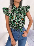 Leopard Tie Neck Cap Sleeve Blouse - Trendsi - Flyclothing LLC
