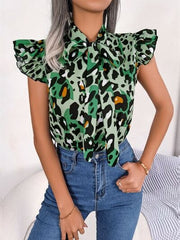 Leopard Tie Neck Cap Sleeve Blouse - Trendsi