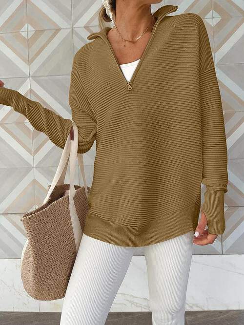 Half Zip Long Sleeve Knit Top - Trendsi - Flyclothing LLC
