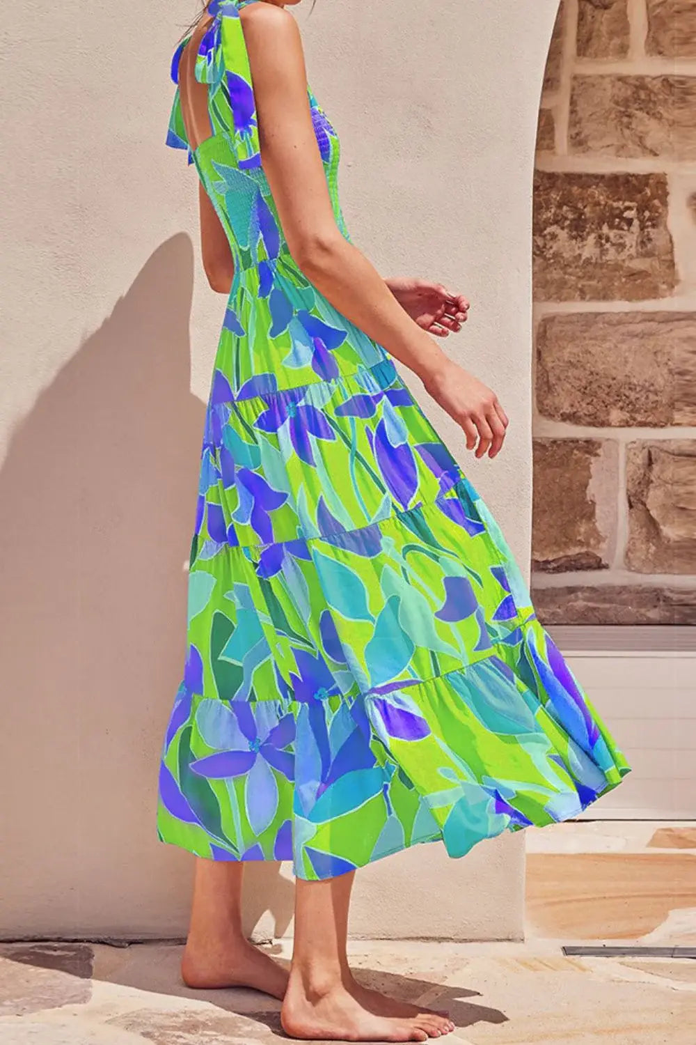 Floral Tie-Shoulder Smocked Midi Dress - Trendsi - Flyclothing LLC