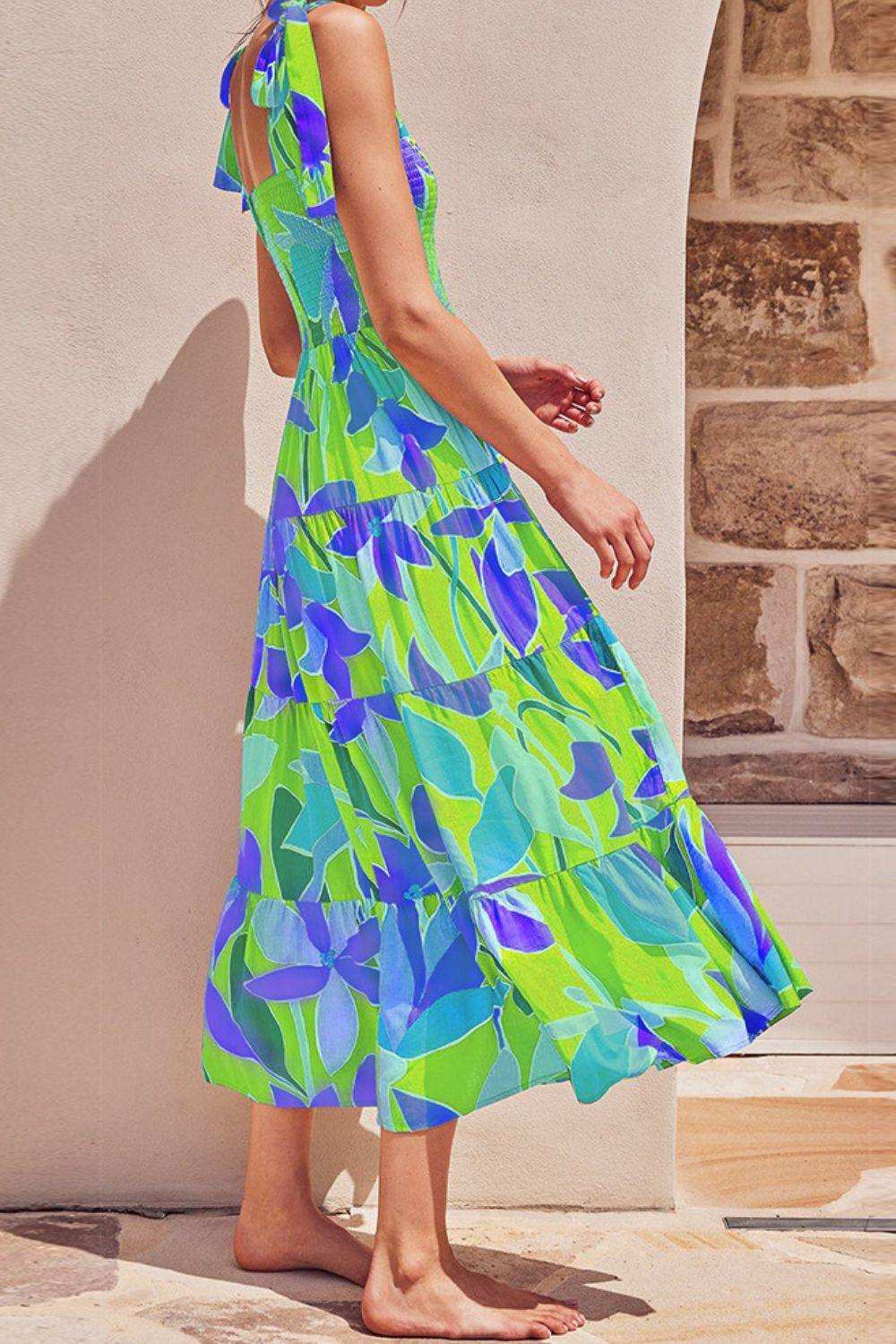 Floral Tie-Shoulder Smocked Midi Dress - Trendsi - Flyclothing LLC