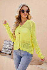 Button Up V-Neck Long Sleeve Cardigan - Trendsi - Flyclothing LLC