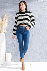 Striped Fringe Round Neck Sweater - Trendsi