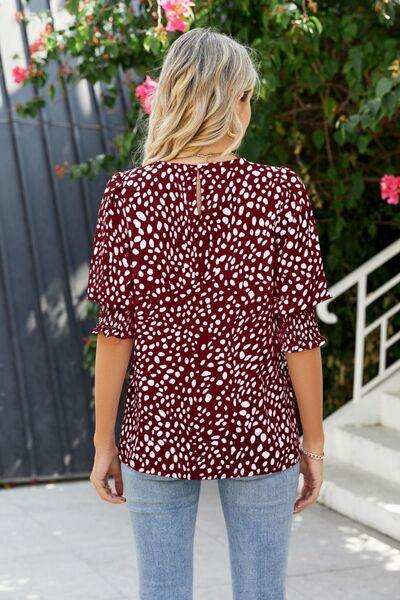 Polka Dot Round Neck Lantern Sleeve Blouse - Trendsi - Flyclothing LLC