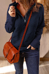 Quarter-Zip Quilted Sweatshirt with Kangaroo Pocket - Trendsi