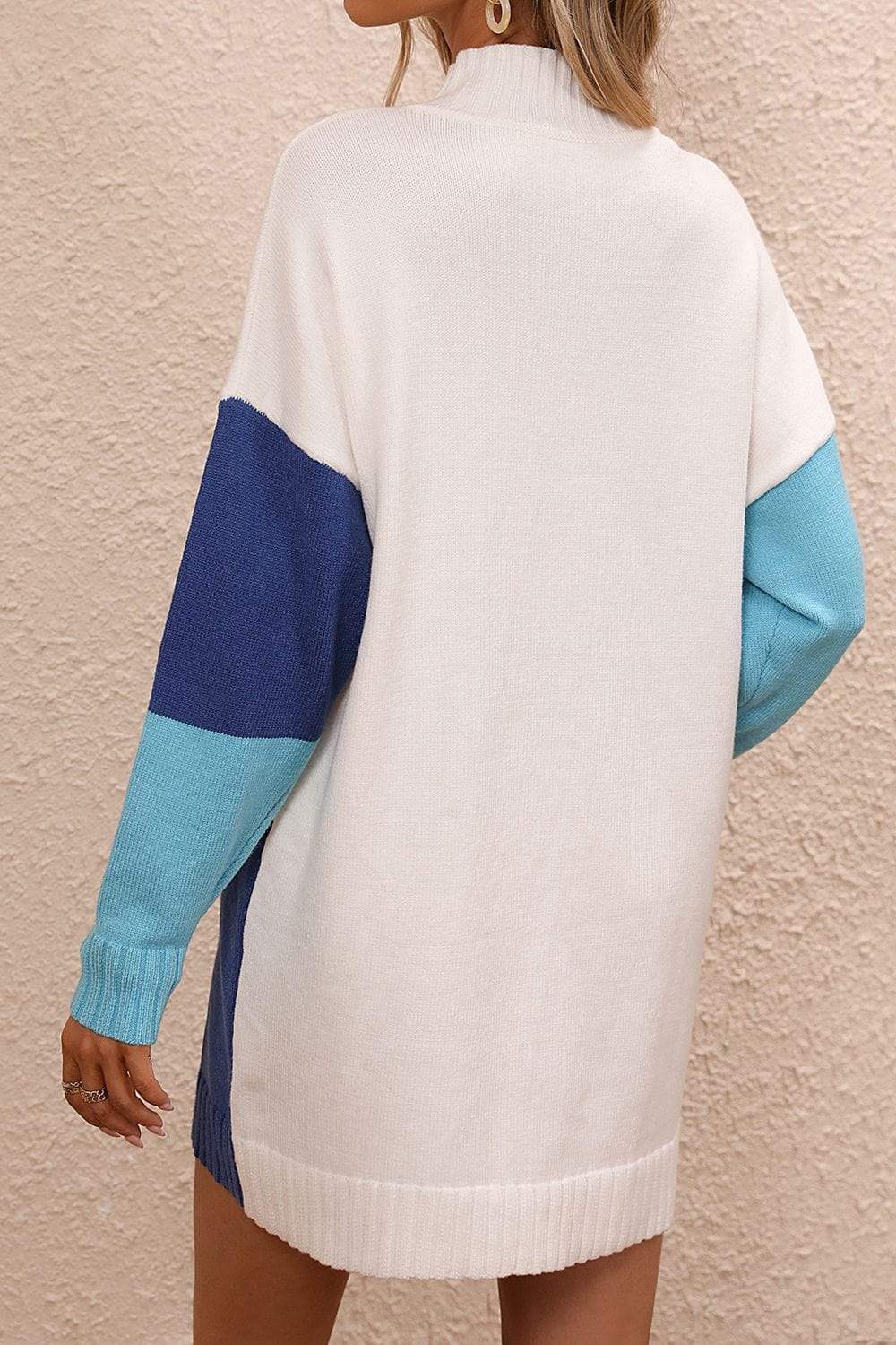 Color Block Mock Neck Dropped Shoulder Sweater Dress - Trendsi - Flyclothing LLC