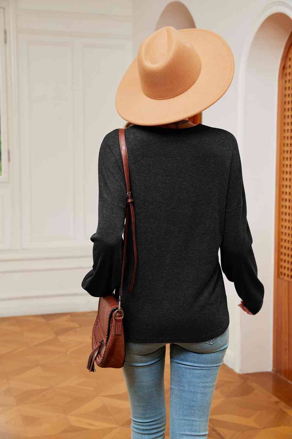 Contrast V-Neck Long Sleeve Blouse - Trendsi - Flyclothing LLC