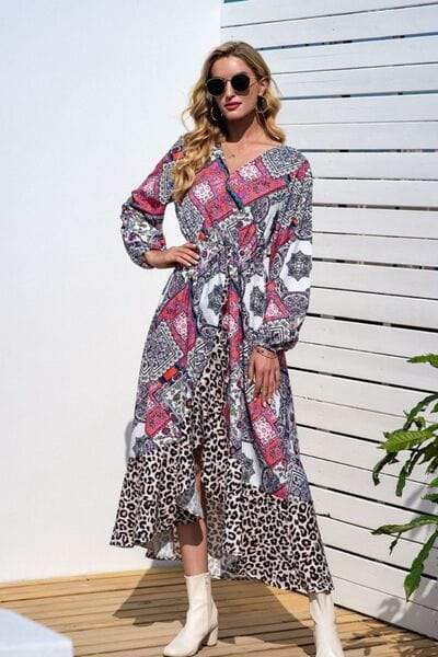 Leopard Ruffle Trim V-Neck Printed Dress - Trendsi - Flyclothing LLC